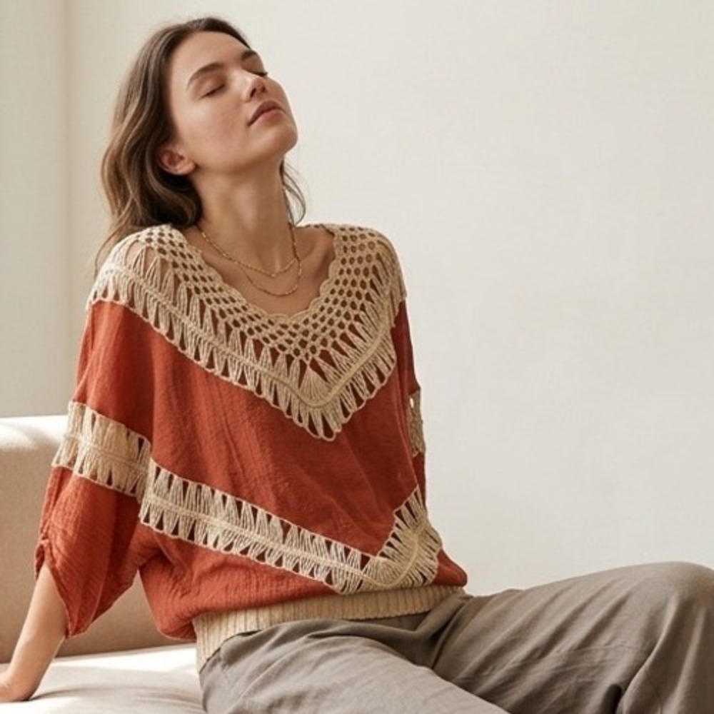 Umgee Rust Crochet Fringe Batwing Top Boho V-Neck Lightweight Blouse Small